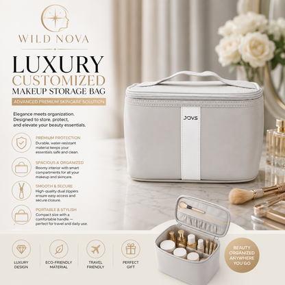 Gray makeup storage bag with open compartment displaying products, surrounded by beauty items on a neutral background.